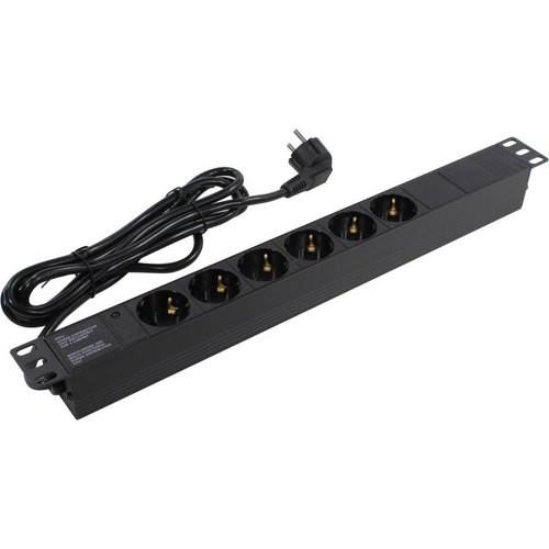 Блок розеток с кабелем с евровилкой ExeGate ServerPro PDU-19H603 Al-6S-EU2.5CU 19", 1U, Алюминий, 6 Schuko, кабель с евровилкой VDE-250V-16A-3*1.5mm2, медь, 2.5 метра, индикатор питания, черный, RTL EX280828RUS