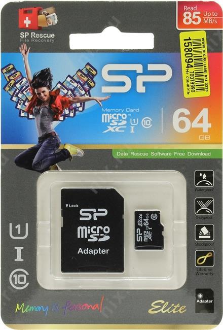 Карта памяти microSDXC UHS-I Silicon Power 64 ГБ, 85 МБ/с, Class 10, SP064GBSTXBU1V10, 1 шт., без адаптера