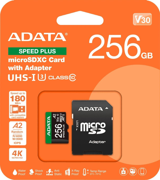 Карта памяти ADATA microSDXC UHS-I U3 A-Data Speed Plus 256 ГБ, 180 МБ/с, Class 10, UD256GUI3V30A2SP-RA1, 1 шт., переходник SD