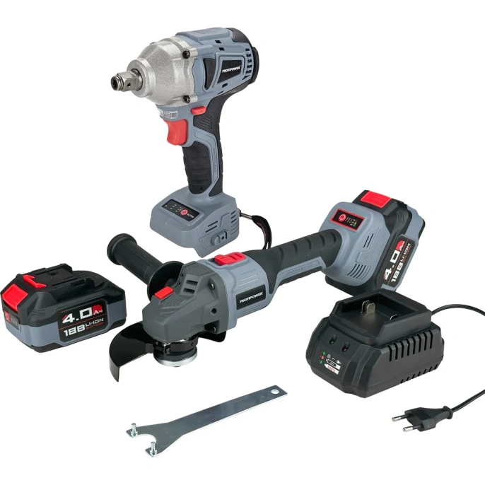 Аккумуляторный бесщеточный набор 2в1 Profipower УШМ E0080, гайковерт E0081, Li-ion 2шт 18В, 4.0Ач, З/У E0092