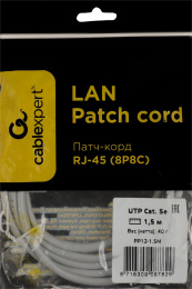 Патч-корд PREMIER PP12-1.5M литой molded , UTP, кат.5E, 1.5м, 4 пары, 26AWG, алюминий омедненный, многожильный, серый