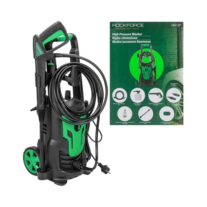 Электрическая мойка высокого давления Rockforce 230-240в, 1800 вт, номинальный расход 5.5 л/мин., максимальное давление 135 бар, рабочее давление 90 бар, шланг 6 м, шнур 5 м RF-HRF13P(56479)