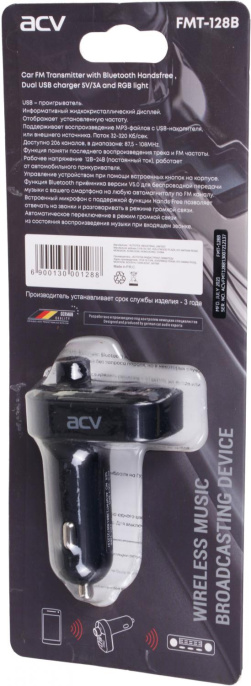 Автомобильный FM-модулятор ACV FMT-128B черный MicroSD BT USB 38762
