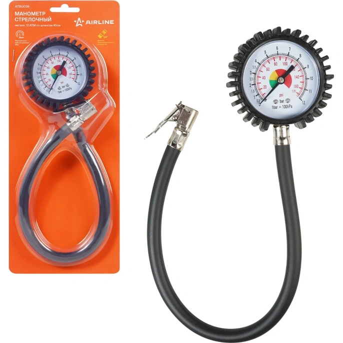 Манометр стрелочный металлический AIRLINE 12 атм, со шлангом 45 см ATBU038