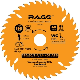Диск пильный универсальный 190 мм (7 1/2”), Z40, посадка 30+20/16 мм RAGE By VIRA 594233