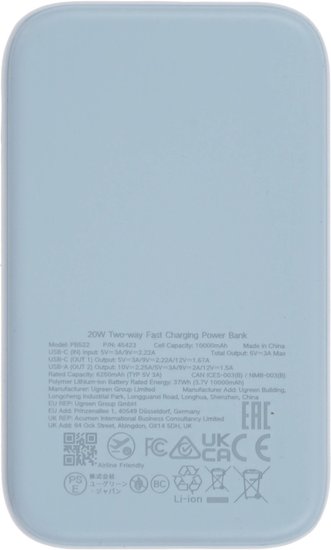 Внешний аккумулятор UGREEN CD384 45423 10000mAh Mini Quick Charging 20W Power Bank. Цвет: синий 45423_