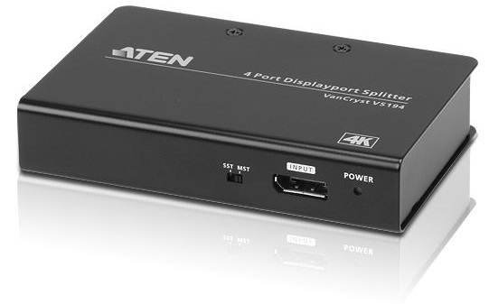 Разветвитель, электрон. ATEN VS194-AT-G, DisplayPort, 1 4 устройства, 15 метр., F, без шнуров, Б.П. 220 5.3V, до 4096x2160/3840x2160 60Hz;HDCP 1.3; DisplayPort 1.2a; ATEN/VANCRYST VS19