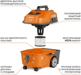 Строительный пылесос Daewoo DAVC 2516S 1600Вт уборка: сухая/сбор воды/выдув оранжевый