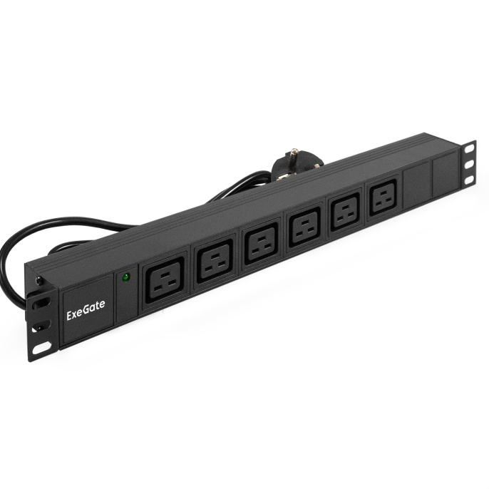 Блок розеток с кабелем с евровилкой ExeGate ServerPro PDU-19H013 Al-6C19-EU3CU (19", 1U, Алюминий, 6*IEC 320 C19, Евровилка EU/Тип F(Schuko) VDE-250V-16A-3*1.5mm2, медь, 3 метра, индикатор питания, черный, RTL) EX280871RUS