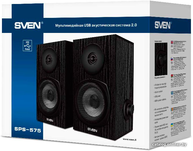 Акустика Sven SPS-575 Black SV-016166 80 Гц -20 кГц, 2x3W, питание через USB-порт ПК, ноутбука или адаптер 5V DC, материал корпуса колонок: дерево