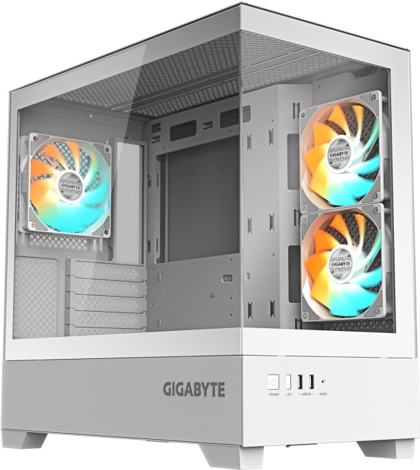 Корпус Gigabyte C201 Panoramic Ice GB-C201PI SKRIBBLE-G-BK-V1 материал: сталь, окно: закаленное стекло, 2хUSB3.0, Audio, без БП, 2x3.5” и 1x2.5”, 2x2.5”/3.5″, 5 слотов расширения, mATX, длина