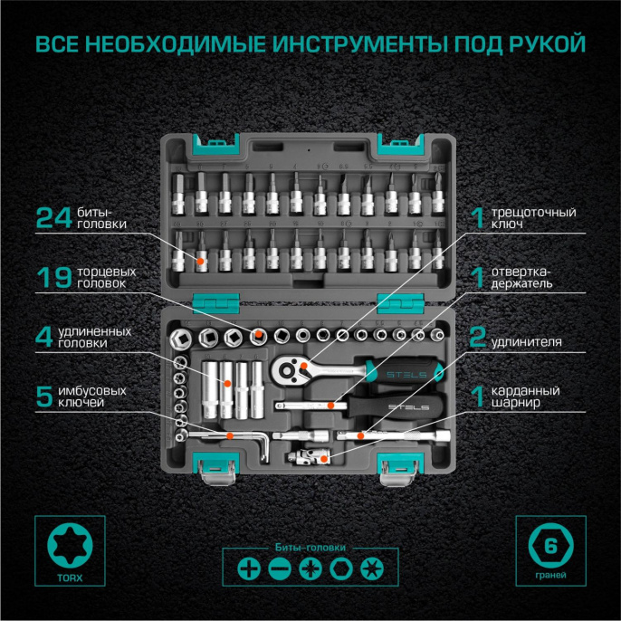 Набор инструментов Stels 14101 57 предметов жесткий кейс