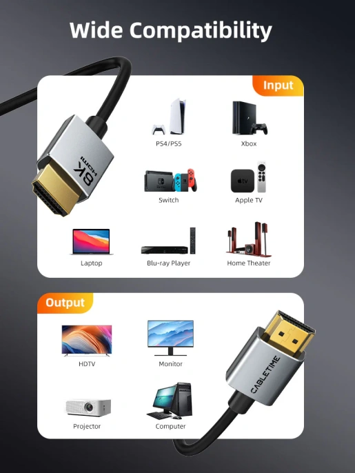 Кабель CABLETIME CH14L (CT-SHD8K-AG2) 2 м, 8K SLIM HDMI 2.1, позолоченный, 8K/60 Гц, черный