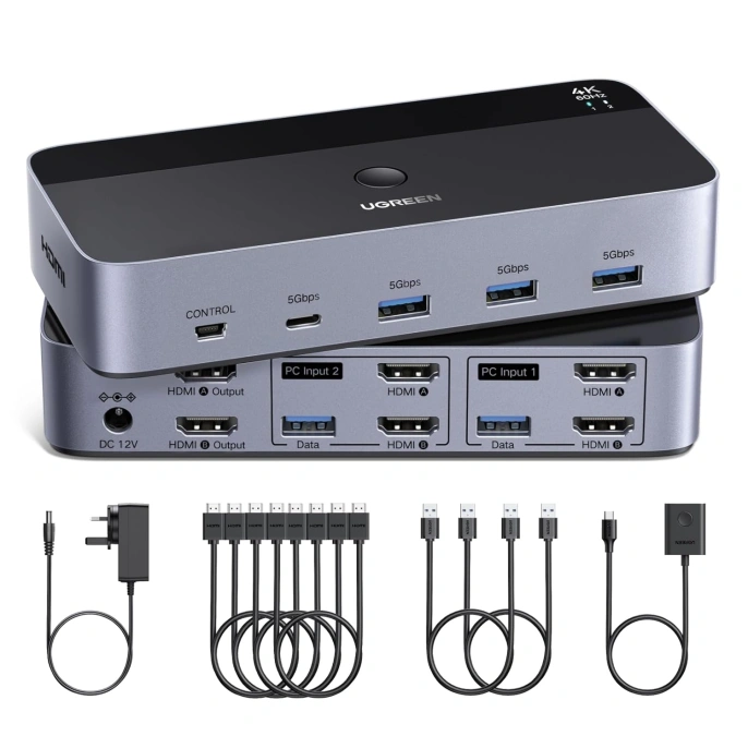 Переключатель UGREEN AK703 85100 HDMI KVM Dual Display Switcher 2 In 2 Out. Цвет: серый космос