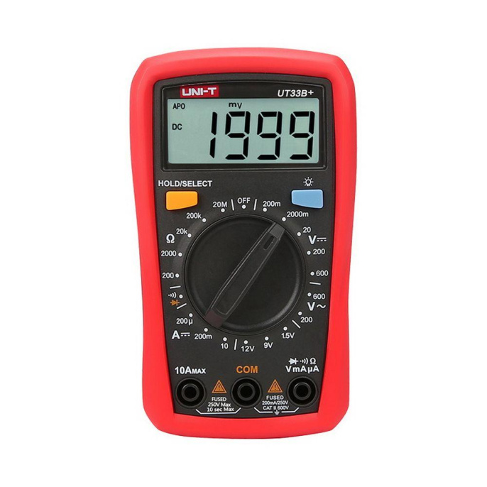 Мультиметр UNI-T UT33B+ , 600В, 10А, 200МОм, ручной выбор диапазона измерений, функция тестирования элементов питания 1,5В / 9 В / 12 В
