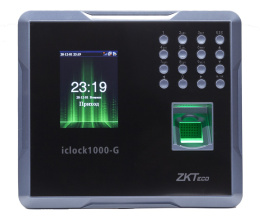 Терминал контроля доступа ZKTeco iClock1000-G количество шаблонов отпечатки пальцев: 3000, количество бесконтактных карт: 3000, ZK оптический сенсор, 2,8" TFT дисплей, интерфейсы связи: TCP/IP,USB-хост, GPRS, Wi-Fi, 3G, опционально: Mifare, код работы,