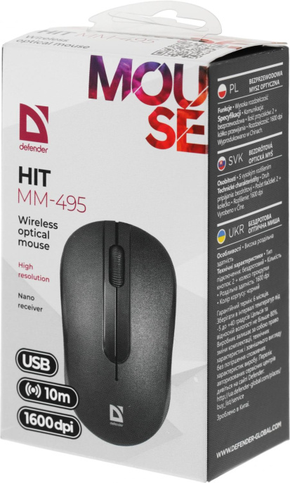 Мышь беспроводная Defender Hit MM-495, радио, оптическая, USB, 1600dpi, черный [52495]