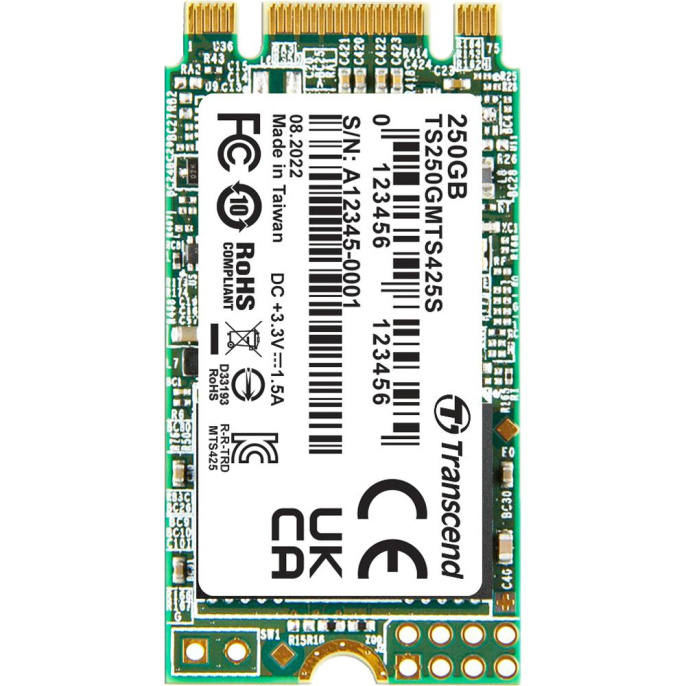 Твердотельный накопитель Transcend SSD 425S, 250GB, M.2 22x42mm , SATA3, 3D TLC, R/W 500/330MB/s, IOPs 40 000/75 000, TBW 90, DWPD 0.3 12 мес. TS250GMTS425S