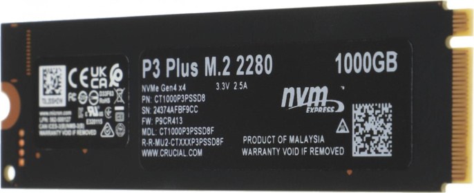 SSD накопитель Crucial P3 Plus CT1000P3PSSD8 1ТБ, M.2 2280, PCIe 4.0 x4, NVMe, M.2