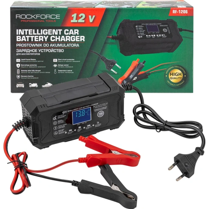 Устройство зарядное импульсное для АКБ с жидкокристаллическим дисплеем Rockforce 12В, автостоп, функция восст.-я, защита от превыш. напряжения и короткого замыкания RF-1206 57847