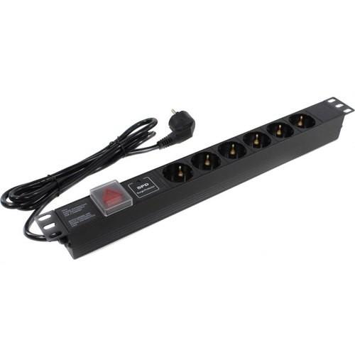 Блок розеток с сетевым фильтром Surge Protect и выключателем с подсветкой ExeGate ServerPro PDU-19H608 Al-6S-EU2CU-SW-SPD1 19", 1U, Алюминий, 6 Schuko, кабель с евровилкой VDE-250V-16A-3*1.5mm2, медь, 2 метра, выкл. с подсветкой, SPD1, черный, RTL EX2