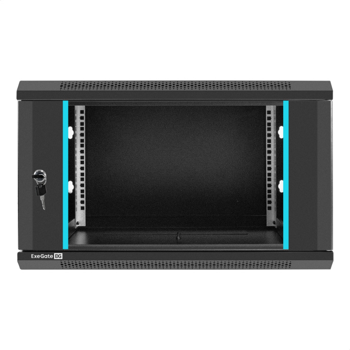 Шкаф телекоммуникационный 19" настенный 6U ExeGate EC-WM-6U.450.G.BLACK (19”, 6U, 600x450x370mm (ШхГхВ), передняя дверь закаленное стекло, съемные боковые панели, пыле- и влагозащита IP23, черный RAL 9004) EX298605RUS