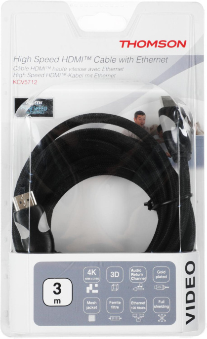 Кабель аудио-видео Thomson High Speed, HDMI m - HDMI m , 3м, GOLD, ф/фильтр, черный [00132107]