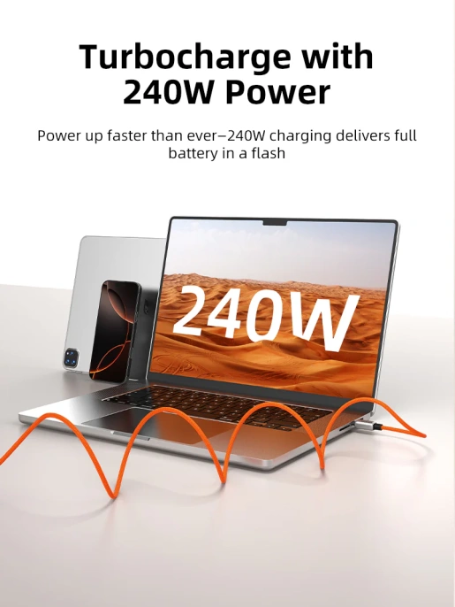 Магнитный кабель USB-C CABLETIME CU06L (CT-CM240-MZO2) 2 м, 480 Мбит/с, 5А/48В 240Вт, оранжевый, для быстрого заряда смартфонов и ноутбуков