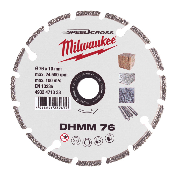 Алмазный диск Milwaukee DHMM 76мм 4932471333 для M12 FCOT, для материалов: ПВХ, плитка, твердый натуральный камень, композитные материалы, гипсокартон, тонкое дерево, резьбовые шпильки, листовой металл, внутренний диаметр: 10мм, высота сегмента: 2.2мм