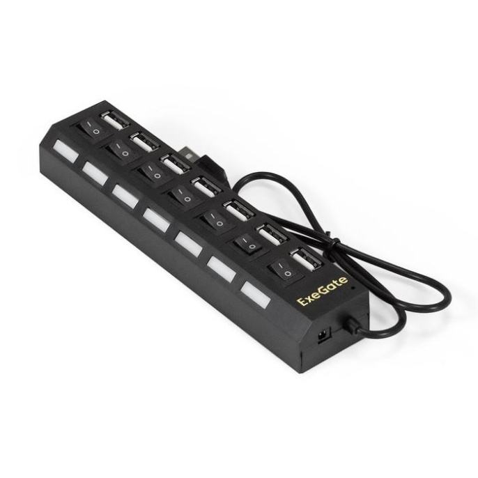 USB-Хаб концентратор 7-в-1 ExeGate DUB-72SW кабель-адаптер USB2.0 -- 7xUSB2.0, кнопки включения/отключения для каждого порта, Plug&Play, черный EX293978RUS