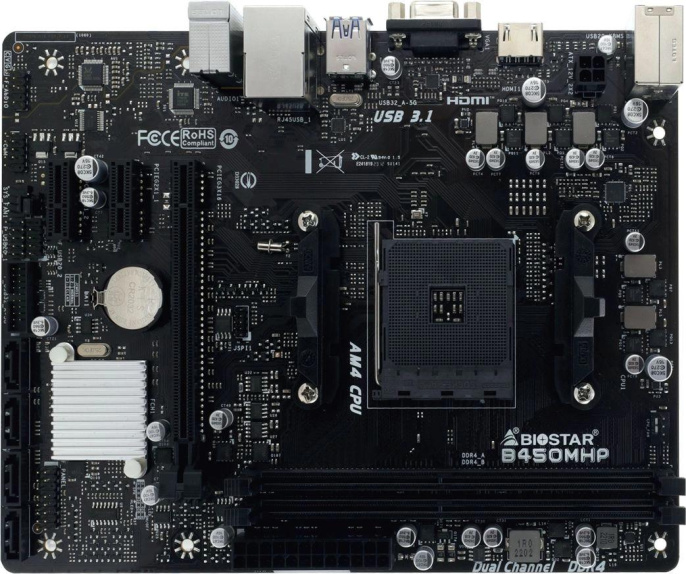 Материнская плата Biostar B450MHP Soc-AM4 AMD B450 2xDDR4 mATX AC`97 8ch 7.1 GbLAN RAID+VGA+HDMI