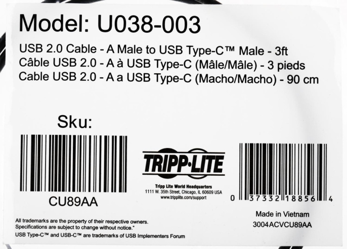 Кабель Tripp Lite U038-003, USB Type-C m - USB m , 0.9м, черный