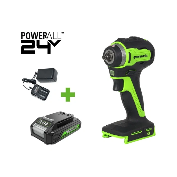 Гайковерт ударный GreenWorks G24IW200, 24V, б/щет, 0-2400об/мин, 3200уд/мин, 3/8'', 200Нм, 1x2Ач, ЗУ, коробка 3803607VUA