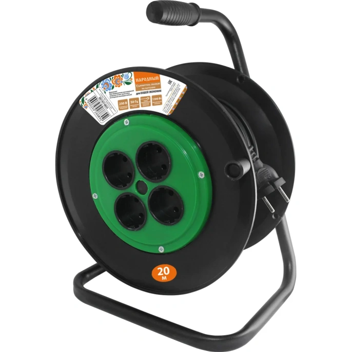 Силовой удлинитель на катушке TDM ELECTRIC народный, 4 гнезда, ПВС, 1300 Вт, без заземления, 20м SQ1307-0501