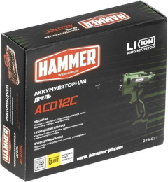 Аккумуляторная дрель Hammer промо 12в 1x1.5ач liion 10мм 0-350/0-1350об/мин 26 нм ACD12C 824158