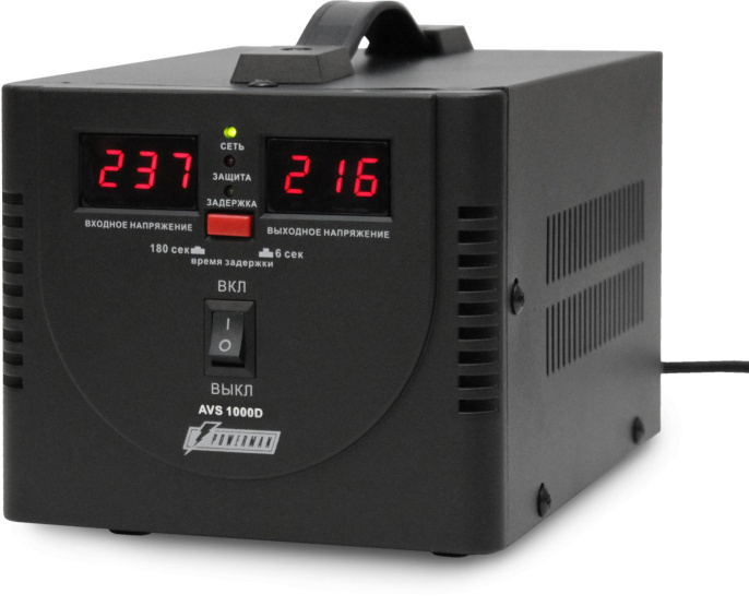 Стабилизатор POWERMAN AVS 1000D, черный, ступенчатый регулятор, цифровые индикаторы уровней напряжения, 1000ВА, 140-260В, максимальный входной ток 7А, 2 евророзетки, IP-20, напольный, 200мм х 150мм х 140мм, 2,3 кг./ Stabilizer POWERMAN AVS 1000D, black,