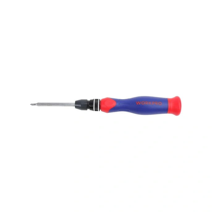 Отвертка WorkPro WP221057 (прецизионная, автоматическая блокировка при загрузке долота, одной рукой фиксирует практически любой аксессуар, с шестигранным хвостовиком диаметром 5/32 дюйма, закручивающийся колпачок облегчает и ускоряет крепление, прорезинен