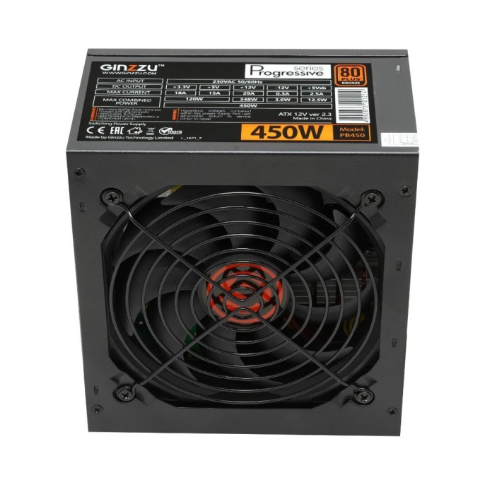 Ginzzu PB450 12CM 80+ black,APFC,20+4p,1 PCI-E 6+2 , 4*SATA, 2*IDE, OEM