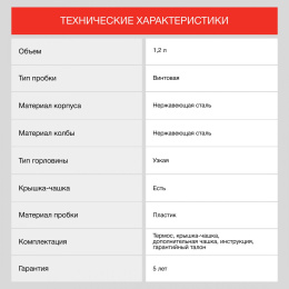Термос StarWind 20-1200, 1.2л, серебристый/ красный