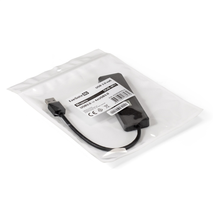USB-Хаб (концентратор) 4-в-1 ExeGate DUB-4P/1 (кабель-адаптер USB3.0 --> 4xUSB3.0, доп. разъем USB Type-C для подключения источника питания, Plug&Play, черный) EX293980RUS