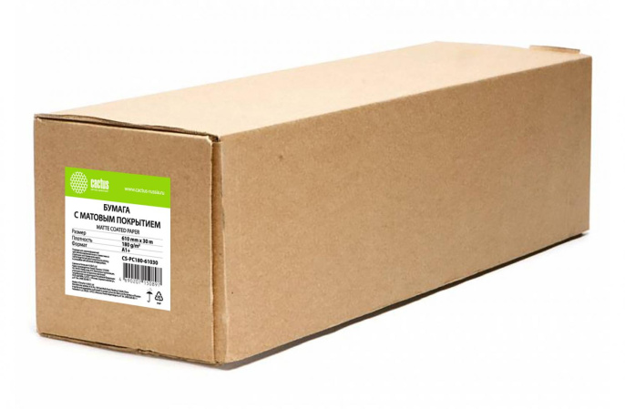 Бумага Cactus CS-PC180-61030 24" A1 610мм-30м/180г/м2/белый матовое универсальная с покрытием втулка:50.8мм 2"