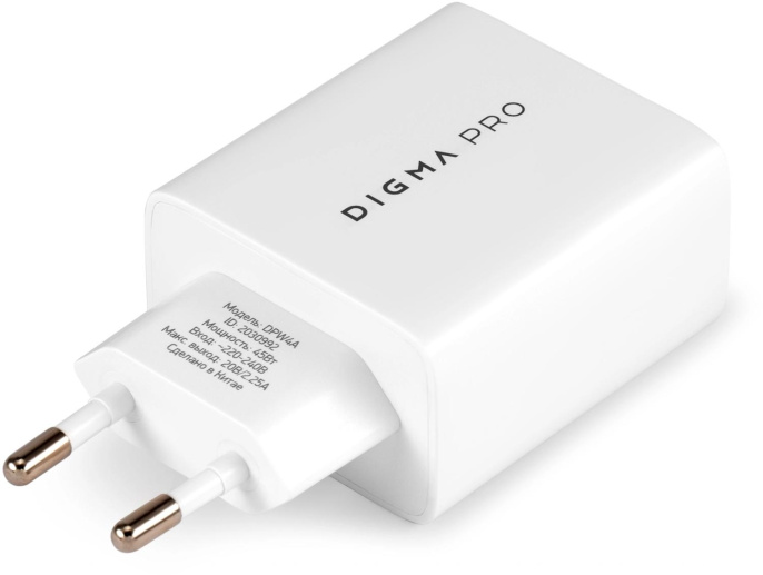 Сетевое зарядное устройство Digma DPW4A, USB-A, USB-C, 45Вт, 3A, белый [dpw4a5gx11wh]