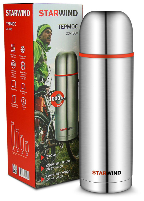 Термос StarWind 20-1000, 1л, серебристый/ красный
