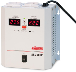 Стабилизатор POWERMAN AVS 500P, ступенчатый регулятор, цифровые индикаторы уровней напряжения, 500ВА, 110-260В, максимальный входной ток 5А, 2 евророзетки, IP-20, навесной, 185мм х 170мм х 100мм, 2,5 кг./ Stabilizer POWERMAN AVS 500P, step-type regulato