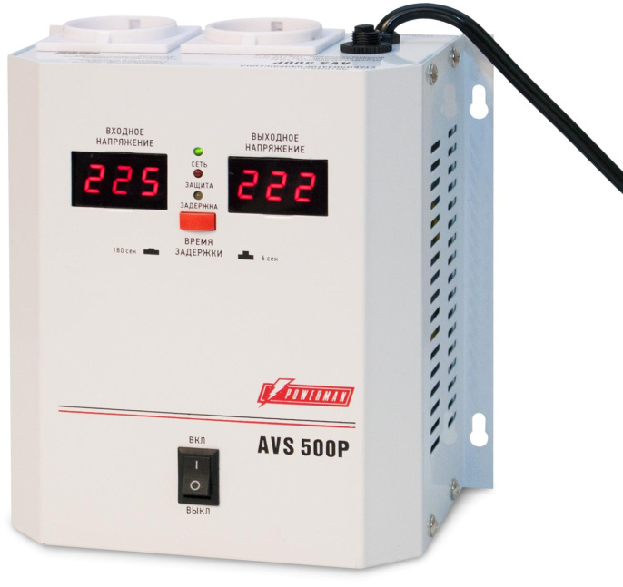 Стабилизатор POWERMAN AVS 500P, ступенчатый регулятор, цифровые индикаторы уровней напряжения, 500ВА, 110-260В, максимальный входной ток 5А, 2 евророзетки, IP-20, навесной, 185мм х 170мм х 100мм, 2,5 кг./ Stabilizer POWERMAN AVS 500P, step-type regulato