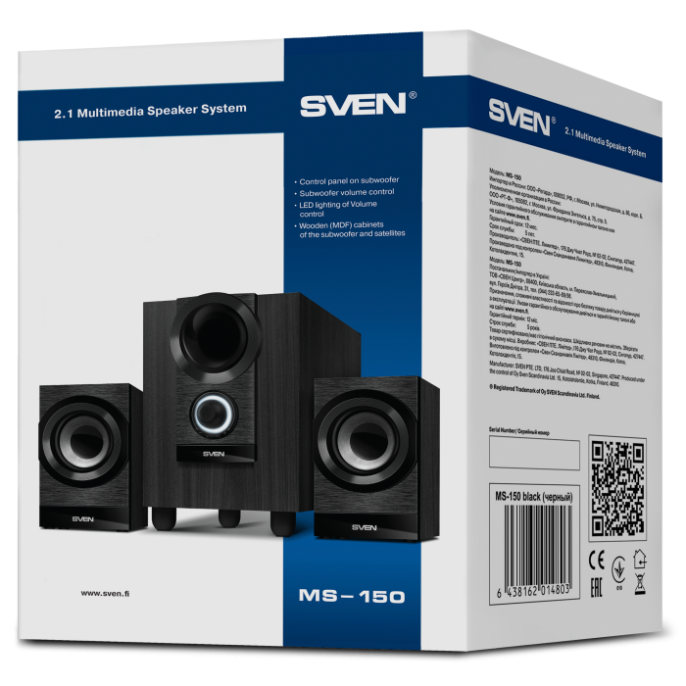 SVEN MS-150, чёрный, акустическая система 2.1, мощность RMS : 8 Вт+2x3.5 Вт