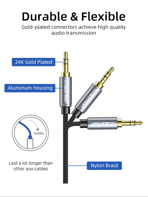 Удлинительный аудиокабель CABLETIME CF11H (CT-AV311-P11F-SG1) AUX стерео 3,5 мм (1/8") штекер-штекер, медный, черный ПВХ нейлоновый