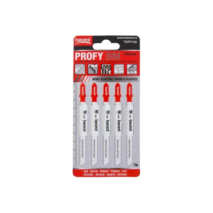 Пилки "profy" по дереву и пластику 5 шт, 100 мм для лобзика BEOROL 245308