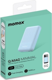 Внешний аккумулятор Momax IP122 Q.Mag Minimal 5000mAh Light Blue IP122B магнитный, функция быстрой зарядки, индикатор заряда, 2хUSB Type-C, совместимость: устройства Apple iOS iPhone 12–16 серий