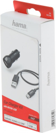 Автомобильное зарядное устройство HAMA H-183246, USB, microUSB, 2.4A, черный [00183246]